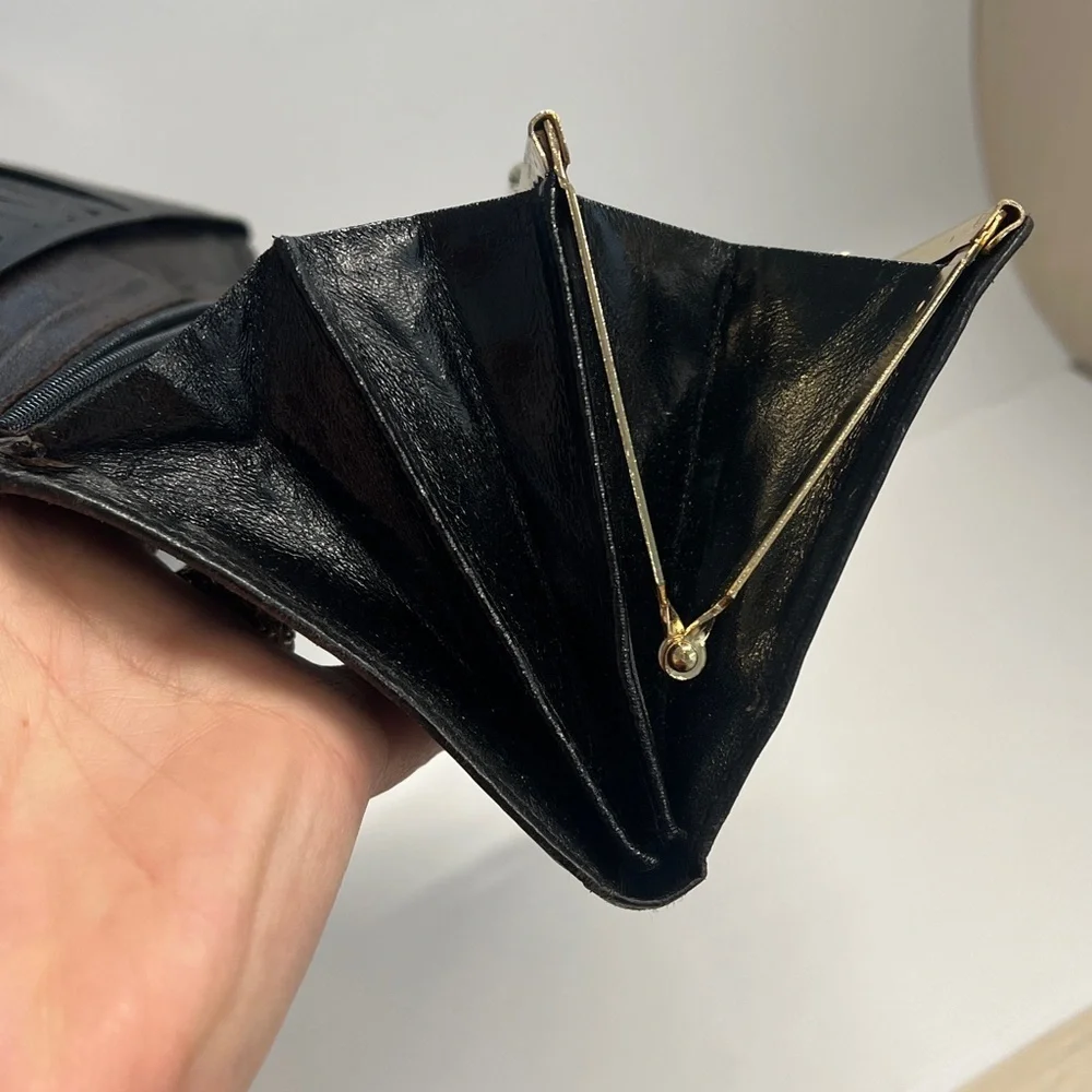 Black Leather Long Bifold Snap Clutch Wallet